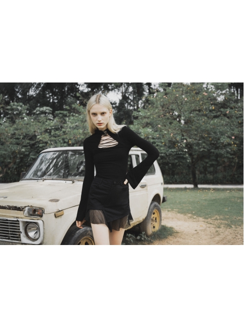 Black Buckle Collar Chest Lace-Up Microphone Sleeves Gothic Skinny T-Shirt