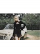Black Buckle Collar Chest Lace-Up Microphone Sleeves Gothic Skinny T-Shirt