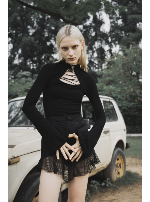 Black Buckle Collar Chest Lace-Up Microphone Sleeves Gothic Skinny T-Shirt