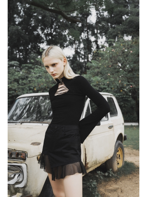 Black Buckle Collar Chest Lace-Up Microphone Sleeves Gothic Skinny T-Shirt