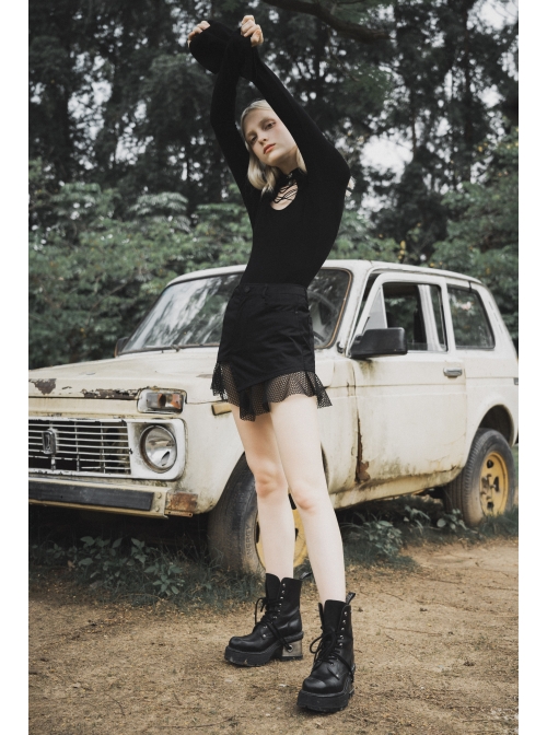 Black Buckle Collar Chest Lace-Up Microphone Sleeves Gothic Skinny T-Shirt