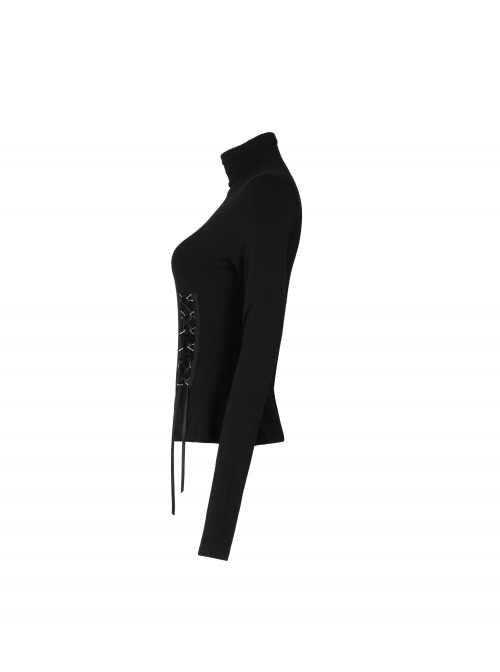 Turtleneck Collect Waist Lace-Up Black Gothic Skinny Bottoming Shirt