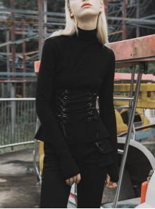Turtleneck Collect Waist Lace-Up Black Gothic Skinny Bottoming Shirt