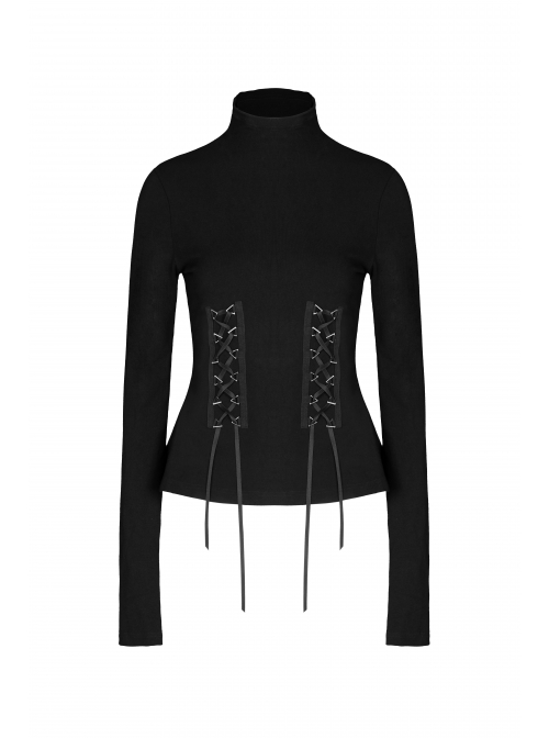 Turtleneck Collect Waist Lace-Up Black Gothic Skinny Bottoming Shirt