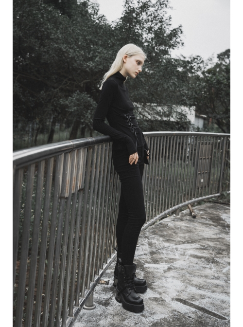 Turtleneck Collect Waist Lace-Up Black Gothic Skinny Bottoming Shirt