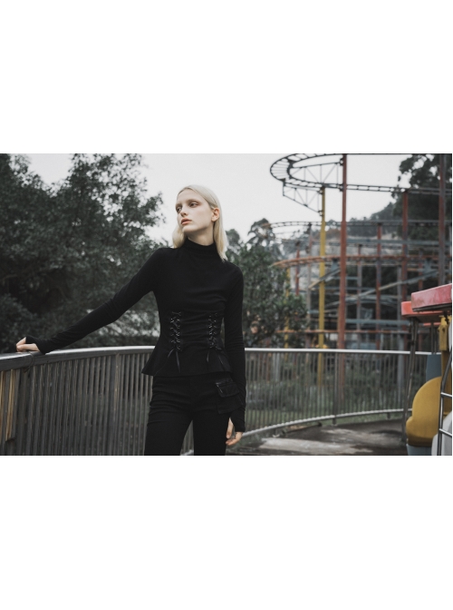 Turtleneck Collect Waist Lace-Up Black Gothic Skinny Bottoming Shirt