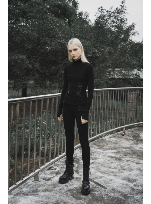 Turtleneck Collect Waist Lace-Up Black Gothic Skinny Bottoming Shirt