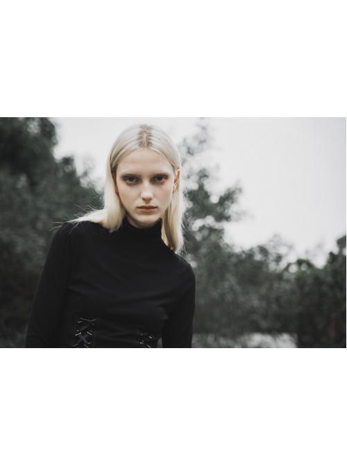 Turtleneck Collect Waist Lace-Up Black Gothic Skinny Bottoming Shirt