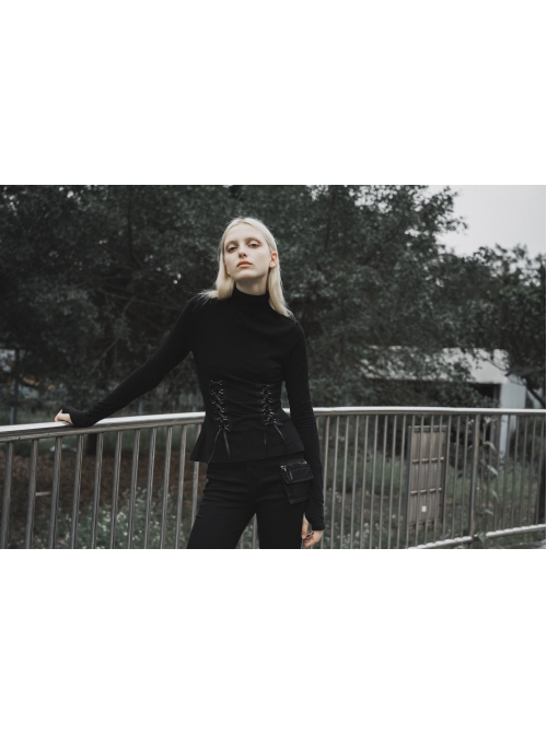 Turtleneck Collect Waist Lace-Up Black Gothic Skinny Bottoming Shirt