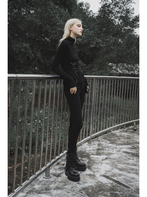 Turtleneck Collect Waist Lace-Up Black Gothic Skinny Bottoming Shirt