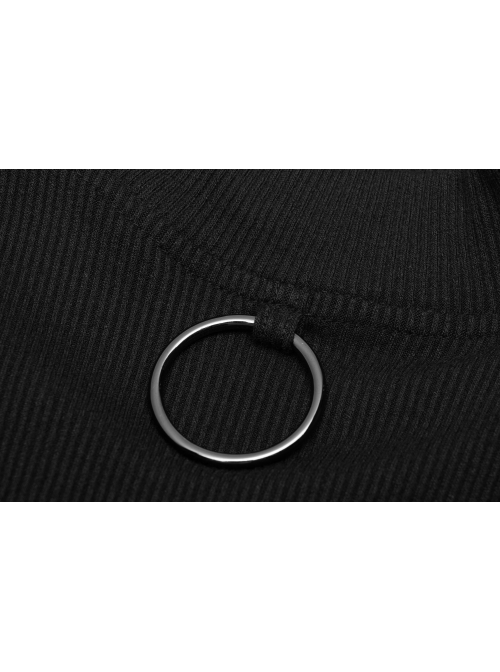 High Collar Chest Crossover Ribbon Small Horn Sleeve Black Short Skinny Gothic Shirt