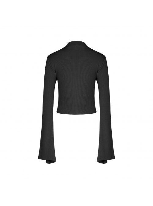 High Collar Chest Crossover Ribbon Small Horn Sleeve Black Short Skinny Gothic Shirt