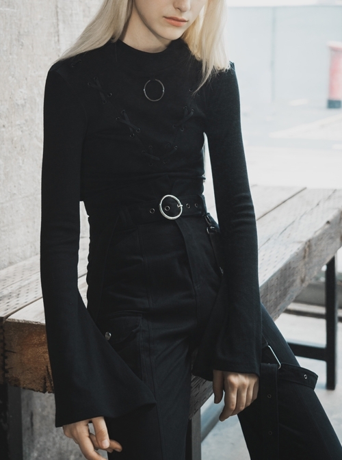 High Collar Chest Crossover Ribbon Small Horn Sleeve Black Short Skinny Gothic Shirt