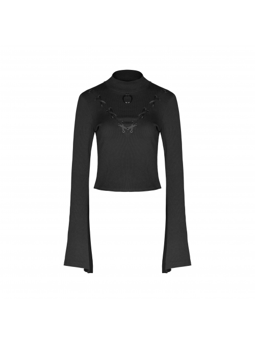 High Collar Chest Crossover Ribbon Small Horn Sleeve Black Short Skinny Gothic Shirt