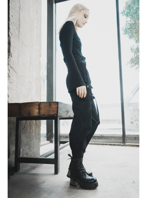 High Collar Chest Crossover Ribbon Small Horn Sleeve Black Short Skinny Gothic Shirt