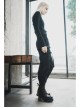 High Collar Chest Crossover Ribbon Small Horn Sleeve Black Short Skinny Gothic Shirt