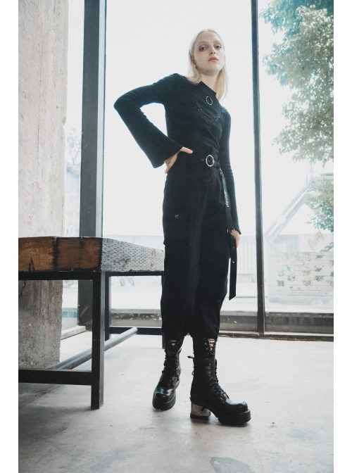 High Collar Chest Crossover Ribbon Small Horn Sleeve Black Short Skinny Gothic Shirt