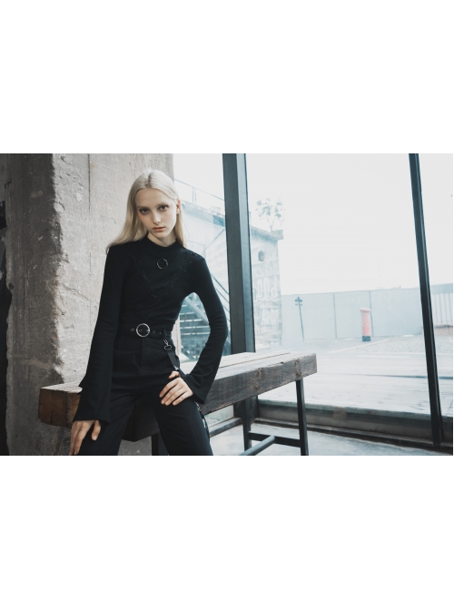 High Collar Chest Crossover Ribbon Small Horn Sleeve Black Short Skinny Gothic Shirt