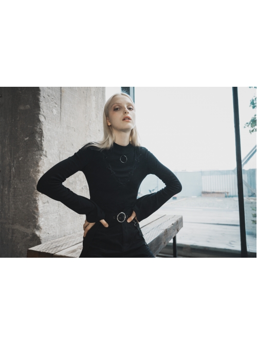 High Collar Chest Crossover Ribbon Small Horn Sleeve Black Short Skinny Gothic Shirt