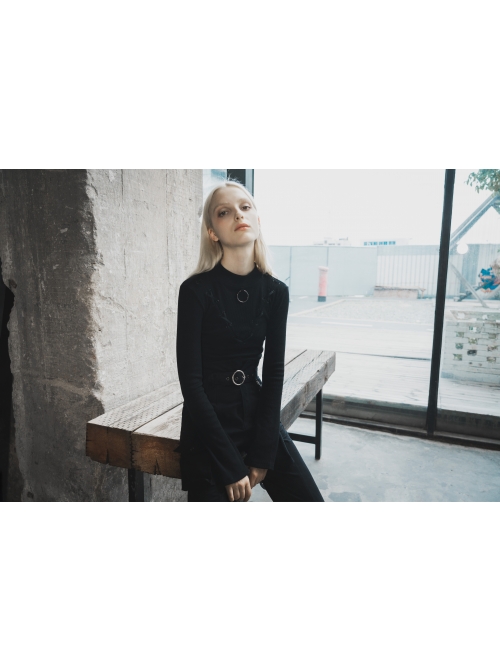 High Collar Chest Crossover Ribbon Small Horn Sleeve Black Short Skinny Gothic Shirt