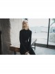 High Collar Chest Crossover Ribbon Small Horn Sleeve Black Short Skinny Gothic Shirt
