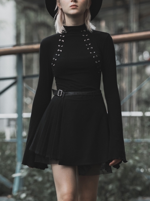 Mock Neck Chest Lace Lace-Up Horn Sleeve Black Skinny Gothic T-Shirt