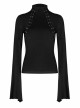 Mock Neck Chest Lace Lace-Up Horn Sleeve Black Skinny Gothic T-Shirt