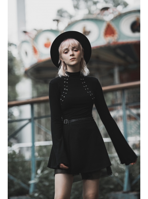 Mock Neck Chest Lace Lace-Up Horn Sleeve Black Skinny Gothic T-Shirt