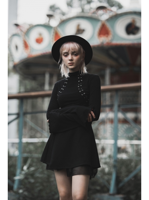 Mock Neck Chest Lace Lace-Up Horn Sleeve Black Skinny Gothic T-Shirt