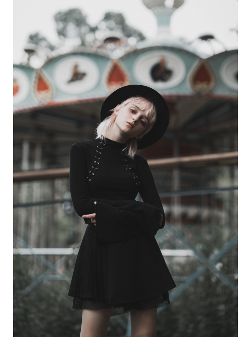 Mock Neck Chest Lace Lace-Up Horn Sleeve Black Skinny Gothic T-Shirt