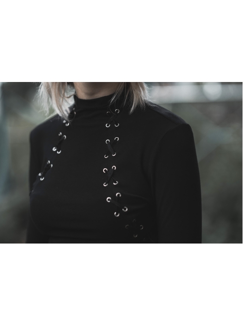 Mock Neck Chest Lace Lace-Up Horn Sleeve Black Skinny Gothic T-Shirt