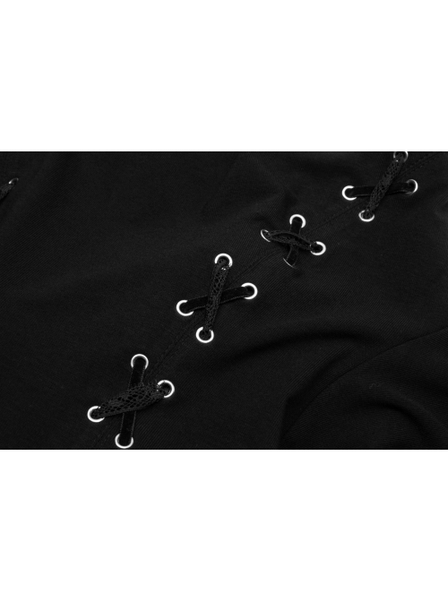 Mock Neck Chest Lace Lace-Up Horn Sleeve Black Skinny Gothic T-Shirt