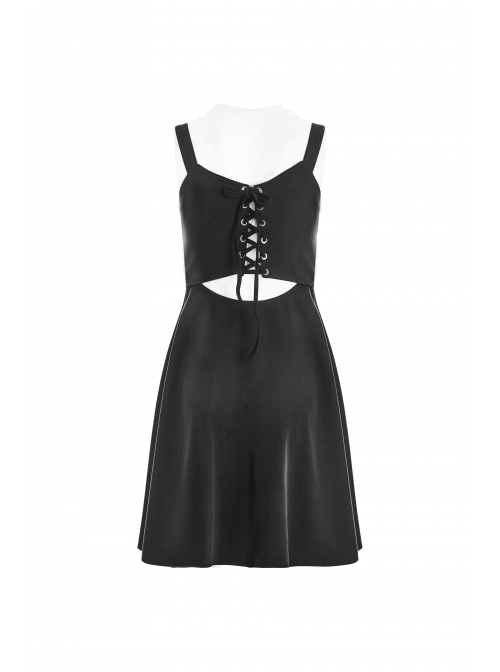 Gothic Female Black Lace Up Chiffon Slip Dress