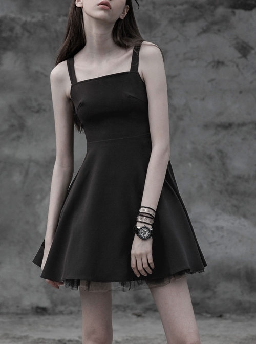 Gothic Female Black Lace Up Chiffon Slip Dress
