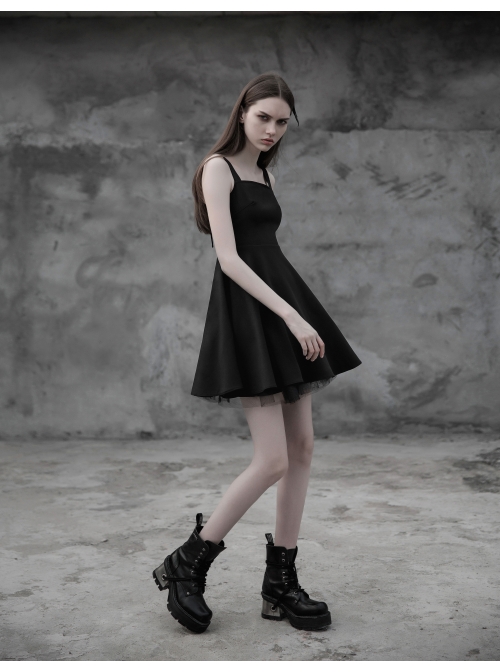 Gothic Female Black Lace Up Chiffon Slip Dress