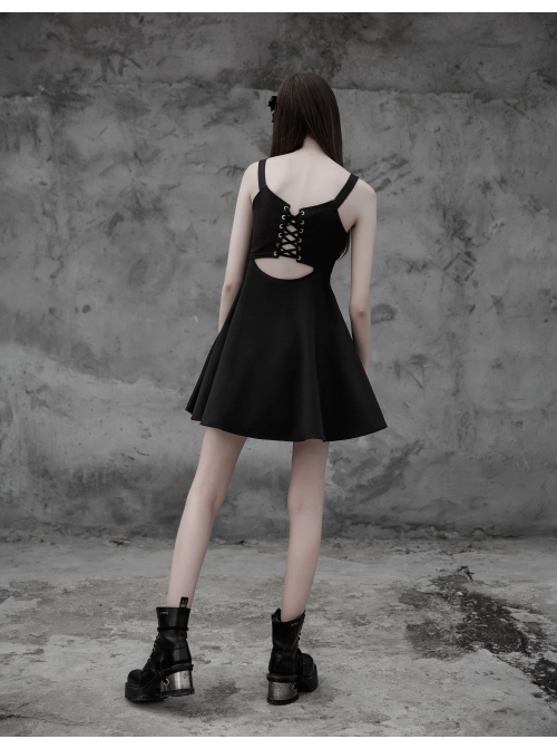 Gothic Female Black Lace Up Chiffon Slip Dress