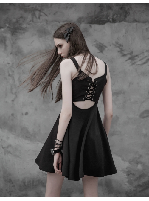 Gothic Female Black Lace Up Chiffon Slip Dress