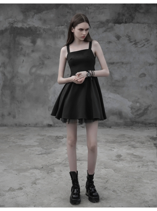 Gothic Female Black Lace Up Chiffon Slip Dress - Magic Wardrobes