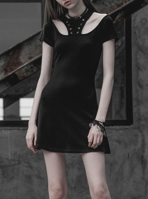 Steam Punk Female Black Binding Hollow Elastic Dress