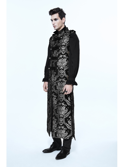 Gothic Spiral Buckle Decorated Gold Court Jacquard Long Black Vest