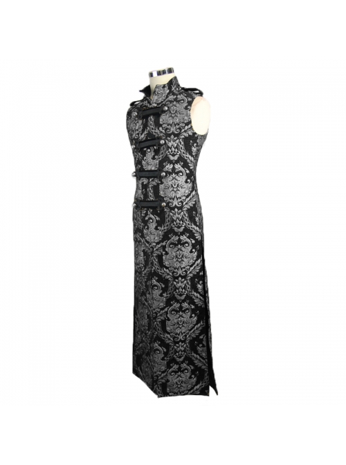 Gothic Spiral Buckle Decorated Gold Court Jacquard Long Black Vest
