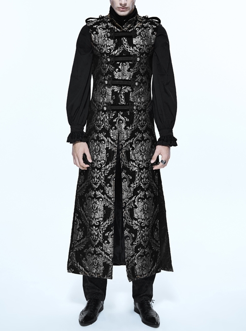 Gothic Spiral Buckle Decorated Gold Court Jacquard Long Black Vest