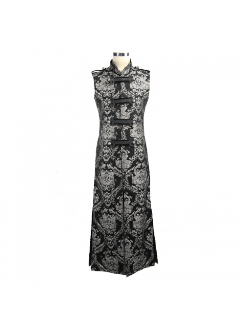 Gothic Spiral Buckle Decorated Gold Court Jacquard Long Black Vest