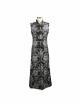 Gothic Spiral Buckle Decorated Gold Court Jacquard Long Black Vest