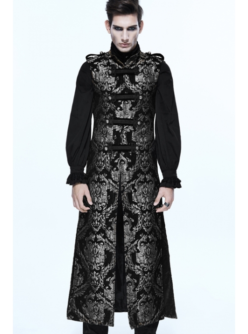 Gothic Spiral Buckle Decorated Gold Court Jacquard Long Black Vest