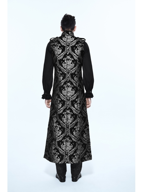 Gothic Spiral Buckle Decorated Gold Court Jacquard Long Black Vest