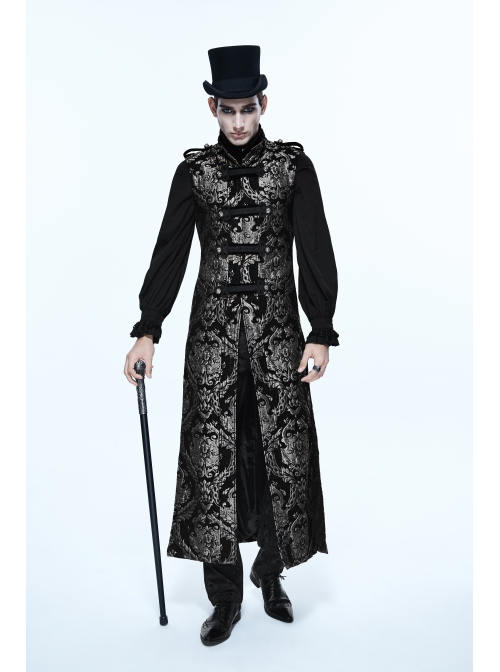 Gothic Spiral Buckle Decorated Gold Court Jacquard Long Black Vest