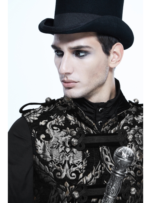 Gothic Spiral Buckle Decorated Gold Court Jacquard Long Black Vest