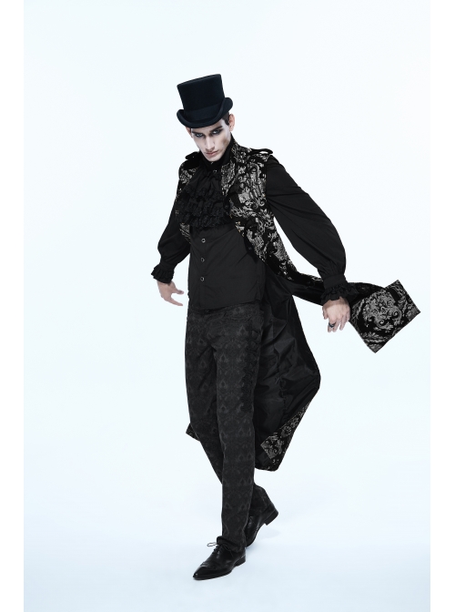 Gothic Spiral Buckle Decorated Gold Court Jacquard Long Black Vest
