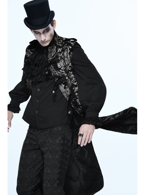 Gothic Spiral Buckle Decorated Gold Court Jacquard Long Black Vest